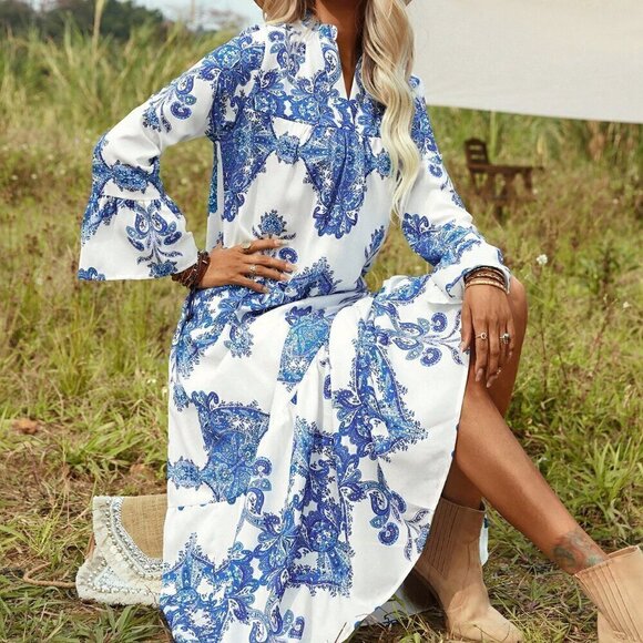 Boho Women's Notched Neck Flounce Hem Maxi Dress With Sleeve blue white - Picture 2 of 6